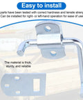 Pro Grade Truck Stake Bed Latches Bracket Set With Tough As Nails Corner Connectors and No Sweat Straight Side Gate Hardware for Easy Hookup on Trailers Wagons and Wood Fencing with metallic latch and mounting plate.