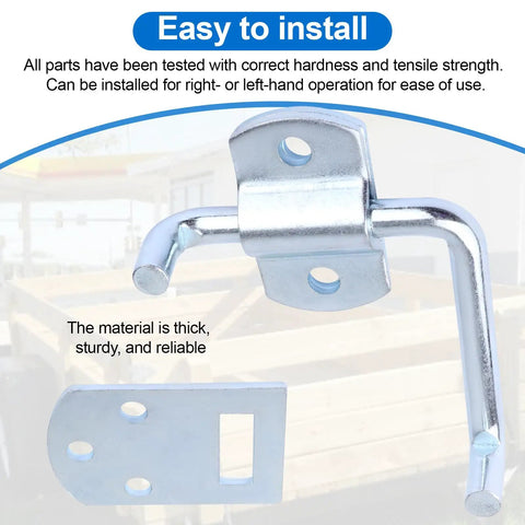 Pro Grade Truck Stake Bed Latches Bracket Set With Tough As Nails Corner Connectors and No Sweat Straight Side Gate Hardware for Easy Hookup on Trailers Wagons and Wood Fencing with metallic latch and mounting plate.