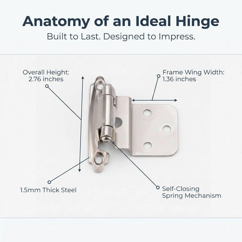 Top Shelf 3 8 Inch Inset Cabinet Hinges Satin Nickel Self Closing Semi Concealed Face Mount Kitchen Hardware With Screws Bulk 25 Pairs Built Different Smooth Operation showing measurements and features.
