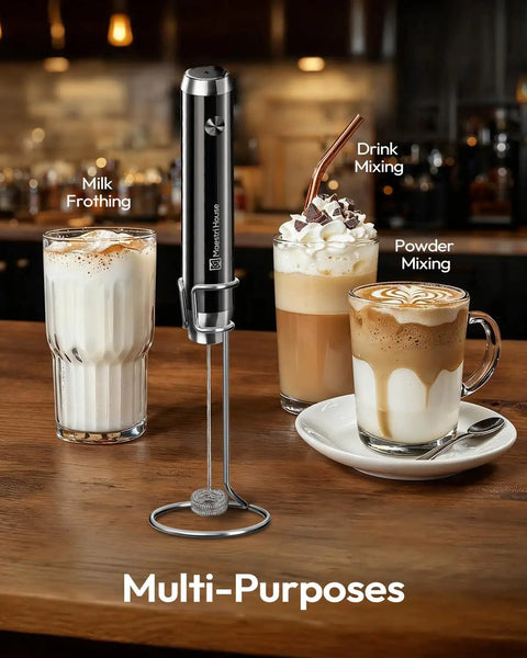 LunaFro Handheld Milk Frother With Stand beside foamy lattes and cappuccinos, showing its multi-purpose use for home cafe vibes.