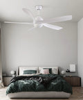 Ceiling Fan with Light Remote 6 Speeds Reversible Motor for Bedroom Living, modern white ceiling fan in stylish bedroom.