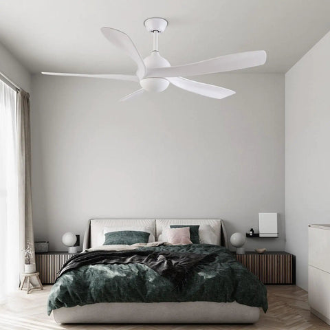 Ceiling Fan with Light Wireless Control Silent Pure Copper Motor for installed in modern bedroom, white blades enhancing decor.