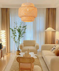 Handwoven Bamboo Pendant Light For Boho Farmhouse Vibe, 15.75 Inch Rattan Hanging Lamp in a cozy living room
