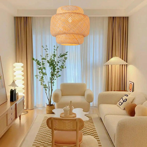 Handwoven Bamboo Pendant Light For Boho Farmhouse Vibe, 15.75 Inch Rattan Hanging Lamp in a cozy living room