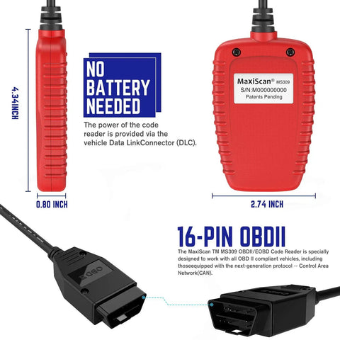 OBD2 Car Scanner With Engine Fault Codes And Emissions Status Check Engine Light Reader CAN Diagnostic Tool For 1996 And Newer OBDII Vehicles Read DTCs Fast Live Data And Vehicle Status Not For FCA Vehicles, 16-pin connector and no battery needed shown, red device dimensions displayed