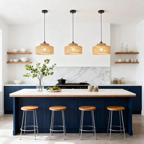 Totally Vibe Ready 2 Pack Rattan Pendant Lights, Handwoven Wicker Hanging Lamps For Kitchen Island And Dining Room in modern kitchen.
