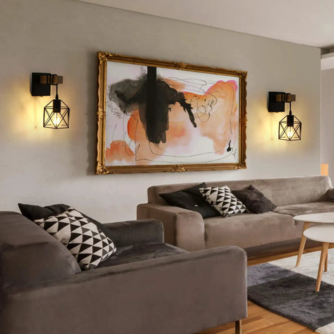 Living room with Black Wall Sconce Set With On Off Switch Dimmable Cage Wall Mount Light Fixture Industrial Farmhouse Lighting
