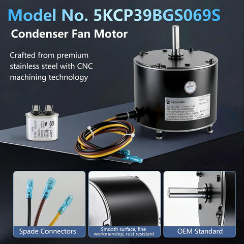Condenser Fan Motor HVAC Replacement Heavy Duty Copper Winding with spade connectors and stainless steel construction.