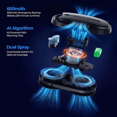 Exploded view of X1 Window Cleaning Robot with Dual Direction Auto Spray Smart Navigation system and components labeled