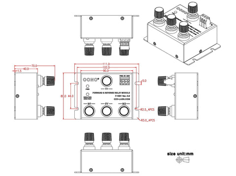 Technical illustration of Beefy 12V 50A Forward And Reverse DC Relay Module for Motors and Linear Actuators with dimensions.