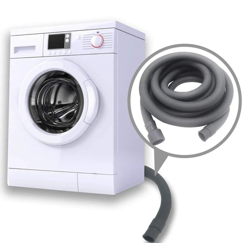 23ft Washing Machine Drain Hose Extension Kit With Flexible Corrugated Hose Fits One And Quarter Inch Connections, shown with washer