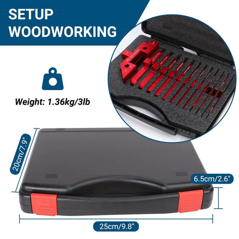 14-Piece Aluminum Alloy Table Setup Blocks For Woodworking in durable storage case with red blocks arranged neatly.