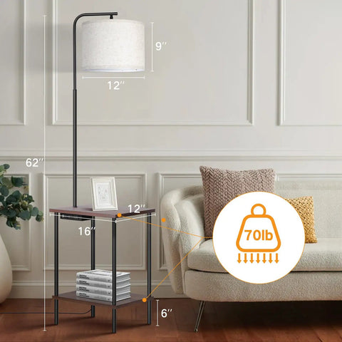 Floor Lamp With Built In Table And Shelf End Table With Lamp Attached For Bedroom Or Living Room Type C Charging Port AC Outlet Remote Dimmer Four Color Lighting Options