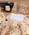 Epic 3D Wooden Owl Clock Puzzle Kit For Adults, Mechanical Model Building DIY Hobby, 161 Pieces, Vintage Owl Design, Silent Quartz Clock, Creative Craft Gift For Men And Women, Home Desk Decor; wooden pieces, instructions, assembled owl clock