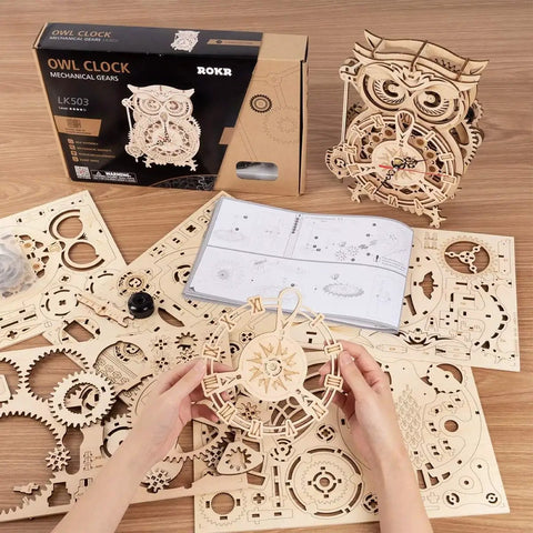Epic 3D Wooden Owl Clock Puzzle Kit For Adults, Mechanical Model Building DIY Hobby, 161 Pieces, Vintage Owl Design, Silent Quartz Clock, Creative Craft Gift For Men And Women, Home Desk Decor; wooden pieces, instructions, assembled owl clock