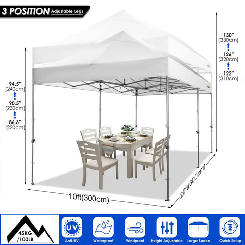 Heavy Duty 10x20 Pop Up Canopy Tent With 6 Sidewalls, Easy Up Commercial Outdoor Gazebo set up with table and chairs underneath.