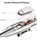 Massive 25 Inch RC Boat With Brushless Water Cooled Motor Reaches 30 MPH, 2.4GHz Remote Control For Adults showing double waterproof design