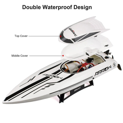Massive 25 Inch RC Boat With Brushless Water Cooled Motor Reaches 30 MPH, 2.4GHz Remote Control For Adults showing double waterproof design