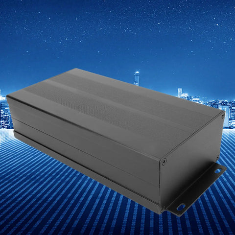 Rugged Split Aluminum Enclosure Project Box With A Slick Brushed Cap, 200x106x55mm, built tough in sand black for DIY tech builds.