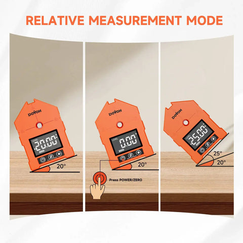 Pro Grade Three In One Digital Angle Finder With Laser And Digital Level Gauge For Woodworking And DIY Projects, Precise Angles, Clear Laser Line Projection, Compact And Easy To Use, A Must Have Handy Tool showing relative measurement mode on a 20° surface