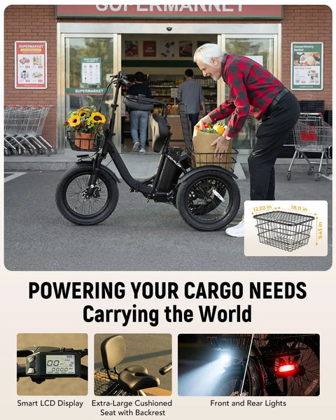 Beast 1200W Electric Trike For Adults With Removable 500Wh Battery Folding Three-Wheel Fat Tire Ebike Step-Thru, 18x3 Tires, Top Speed 18 MPH, Up To 55 Miles Range For City Cruising And Hills, black cargo trike with baskets outside supermarket
