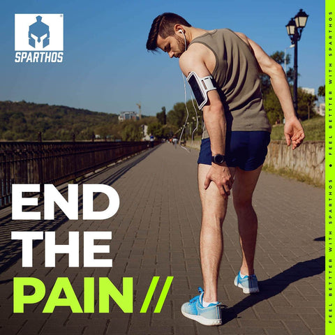 Athlete wearing Cobalt Blue Thigh Compression Sleeve Size Small for pain relief and recovery during outdoor workout