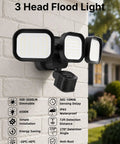 Motion Sensor Flood Lights for Outdoor, 270° Hardwired Security Light,2Pack mounted on wall with three adjustable LED heads.