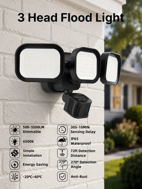 Motion Sensor Flood Lights for Outdoor, 270° Hardwired Security Light,2Pack mounted on wall with three adjustable LED heads.