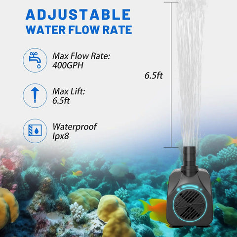 Ultra Quiet Submersible Water Pump 400GPH 1500L/H 25W With Overheat Protection 6.5Ft Lift Adjustable Flow For Pond Aquarium