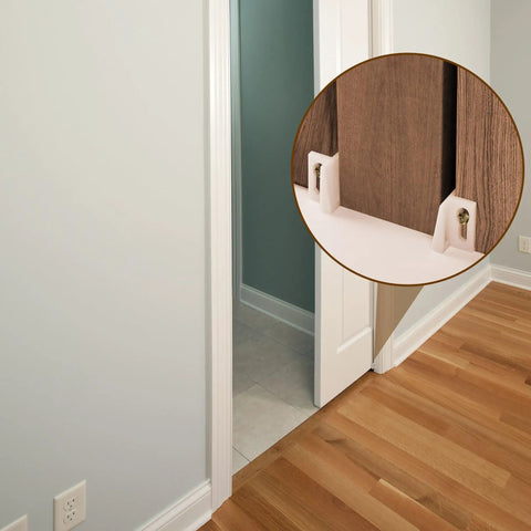 3/4 Inch RV Pocket Door Hangers With Quad Rollers for 111/118F Track 2 Pack installed on wooden door, close-up view.