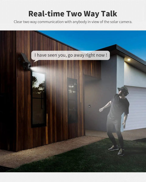 Solar-Powered Wireless Outdoor Security Camera With 360 Degree Pan-Tilt mounted on a house capturing a person at night.