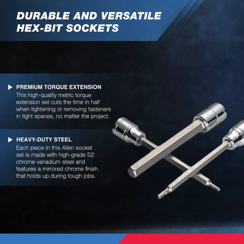 Three Eighths Inch Drive Extra Long Allen Hex Bit Socket Set For Metric Bolts From Three Millimeter To Ten Millimeter, S2 Steel Bits And Chrome Vanadium Sockets, Seven Piece Master Set For Hard To Reach Fasteners