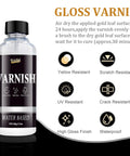 Front view of a water-based gloss varnish bottle labeled VARNISH with UV and scratch resistance icons on background.