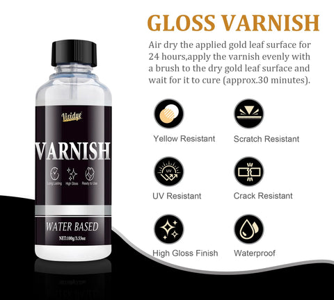 Front view of a water-based gloss varnish bottle labeled VARNISH with UV and scratch resistance icons on background.