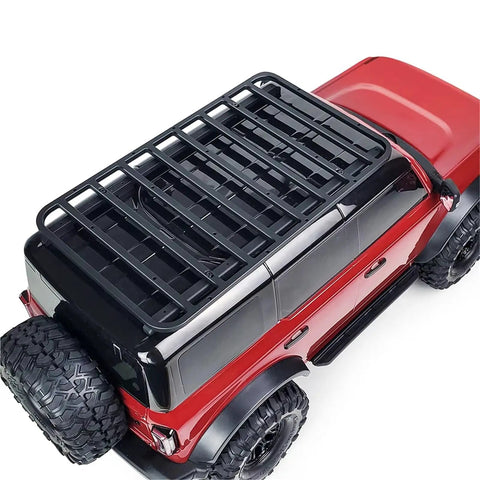 Heavy Duty Aluminum Roof And Luggage Rack Compatible With 1/10 Scale Rc Crawler Trx4 Bronco on red model, top view showing design.