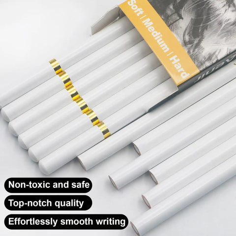 White Charcoal Pencils Set, Pack of 12 for Drawing and Highlighting, displayed with packaging, showcasing smooth texture.