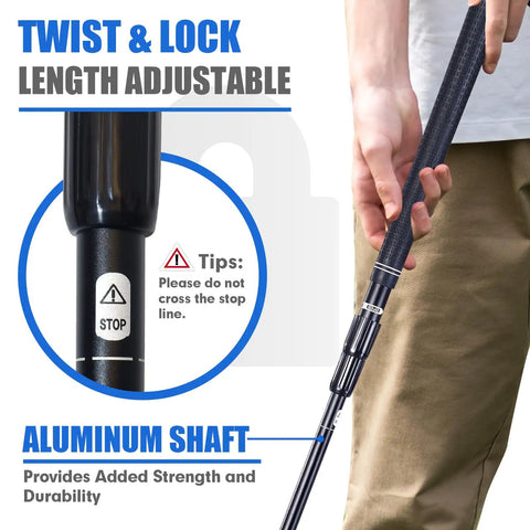 Twist-lock mechanism of retractable metal shaft golf chip club with durable ABS head, showing adjustable length for indoor outdoor practice.