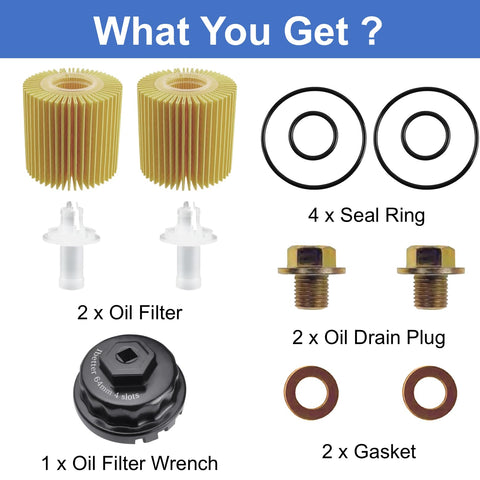 Contents of Oil Change Tool Kit for Toyota and Lexus, 04152-YZZA1 Replacement Set with 64mm 14Flute Wrench, plugs, gaskets, and rings