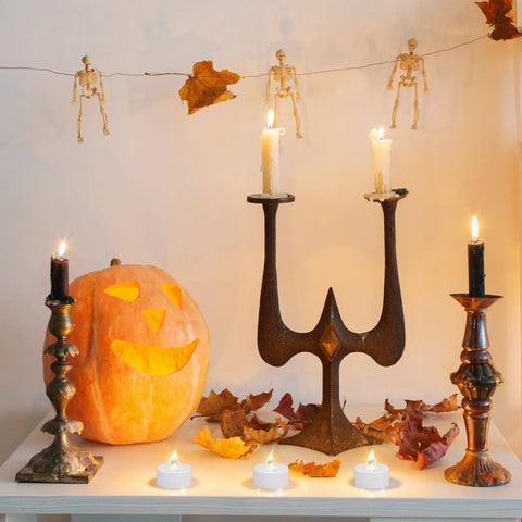 Halloween setup with LED Tea Lights Battery Operated Pack Of 12 24 50 100 200 400 Flickering Warm White Realistic Candlelight