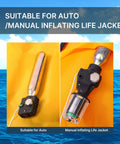 24 Gram CO2 Cartridge Rearming Kit For Inflatable Life Jackets Refill Kit For Automatic And Manual Vests Half Inch Threaded Cylinders Includes D Rings For Quick Attachment And Rapid Inflation showing two parts on a blue ocean background.