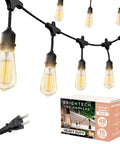 48 Ft Outdoor String Lights With 15 Vintage Filament Bulbs Dimmable Warm White Patio Lights Waterproof Commercial Grade For Backyard And Porch Alexa Compatible Hub Sold Separately Party Ready Vibe with packaging.