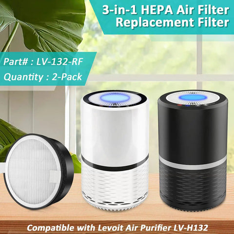 2 Pack LV-H132 Replacement Filter For Levoit LV-H132 Air Purifier, shown with two purifiers and a filter on a table.