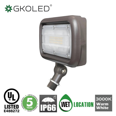30W LED Flood Light for Outdoor Security, 2700 Lumens, 3000K Warm White, 120-277V Universal, UL Listed, knuckle mount