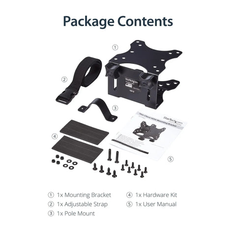 Under Desk Thin Client Mount For Mini PCs And Docking Stations VESA Bracket Fits Mac Mini And Intel NUC Adjustable From 0.7 To 2.8 Inches package contents including mounting bracket, strap, pole mount, hardware kit, and manual.