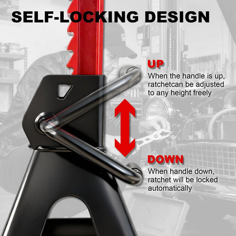 SENKEYFE 6-Ton jack stands with self-locking ratchet, rubber cover and large foot base; pair