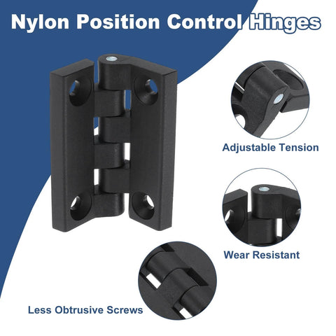 Black Torque Hinges 2 Pack Nylon Adjustable Position Control Self Closing Hinges 103x82x11mm with 9mm holes.