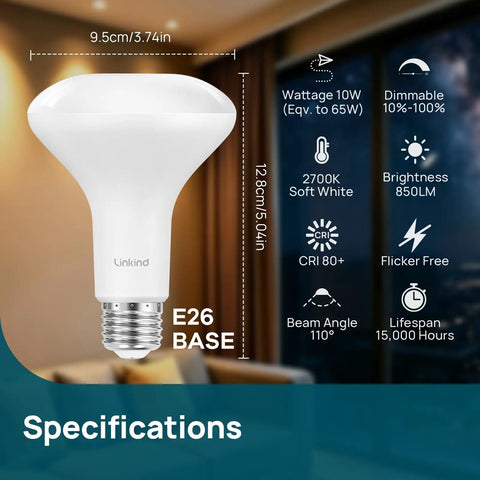 12 Pack Br30 Led Flood Light Bulbs For Indoor Fixtures, 10w Replaces 65w Traditional Lamps Pumping Out 850 Lumens Of Smooth 2700k Warm Soft White Glow, bulb specifications with dimensions and features.