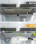Before and after comparison of greasy kitchen hood cleaned using Grab And Go Handheld Steam Cleaner With 1000ml Water Tank For Extended Runtime Smooth Operator Multipurpose Home Steamer That Hustles Through Nitty Gritty Kitchen Floor Grime Without Stalling Out.