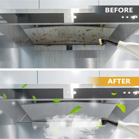 Before and after comparison of greasy kitchen hood cleaned using Grab And Go Handheld Steam Cleaner With 1000ml Water Tank For Extended Runtime Smooth Operator Multipurpose Home Steamer That Hustles Through Nitty Gritty Kitchen Floor Grime Without Stalling Out.