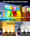 Outdoor RGB LED Flood Light 25W 250W Equiv 2500LM With App Control lighting up a house with 16 million colors, US plug